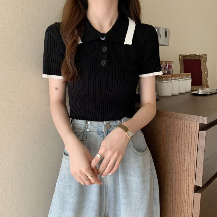 Knitted%20sweater%20for%20women,%20short-sleeved%20summer%20polo%20shirt%20with%20lapel%20for%20small%20people,%20slim%20fit,%20navel-baring%20short%20fashion%20high-waisted%20top%20-%20Image%204