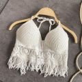 Boho Beach Holiday Camisole Halter Women Crochet Knit Swimsuit Bra Backless Vest Hollow Tassel Tank Top Women's Crop Tops.