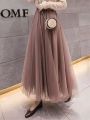 2022 New Spring Summer Korean Style Women Swing Long Skirt Pleated Lace Mesh Sweet Loveliness Lady High Waist Ball Gown Skirts.