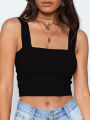 Square Neck Sleeveless Summer Crop Top White Women Black Casual Basic T Shirt Off Shoulder Cami Backless Tank Top. 
