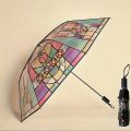 1PC Retro Window Flower Pattern Transparent Umbrella Fully Automatic Opening and Closing Portable Travel Umbrella.