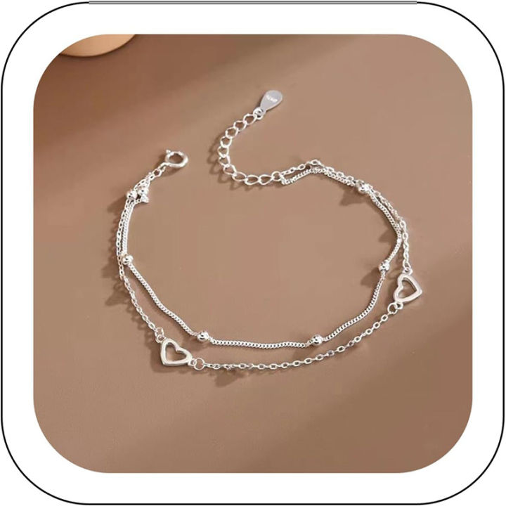 Round Bead Love Bracelet Heart Hand Decorated Double Design Sweet 925 Silver Plated Chain Bracelet for Women Girls Gifts