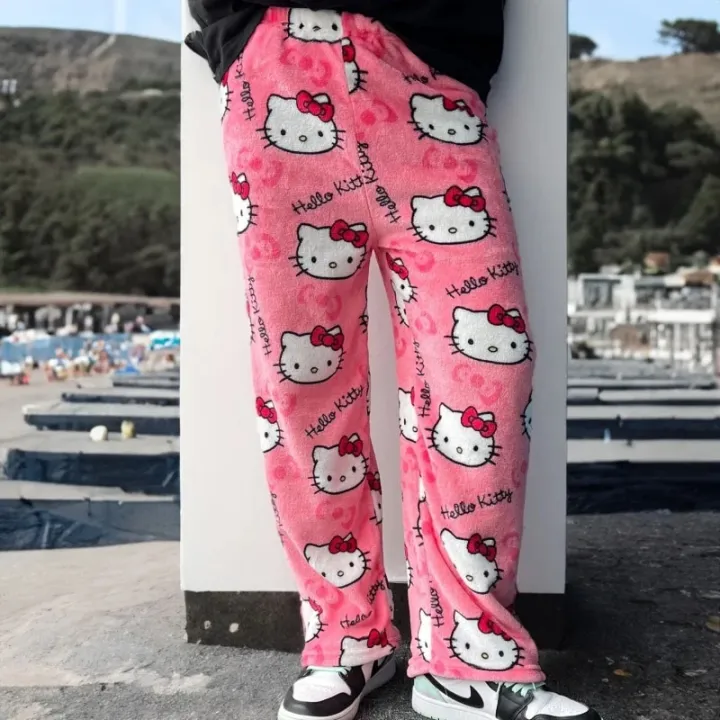 Anime%20Sanrio%20Hello%20Kitty%20Y2k%20Flannel%20Pajamas%20Pants%20Women%20Household%20Dress%20Autumn%20Winter%20Fashion%20Trouser%20Cartoon%20Casual%20Home%20Pants%20-%20Image%202