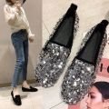 Social Gommino Women's Korean-Style Summer New Flat Internet Celebrity Student Sequined Loafers Slip-on Loafer Shoes.