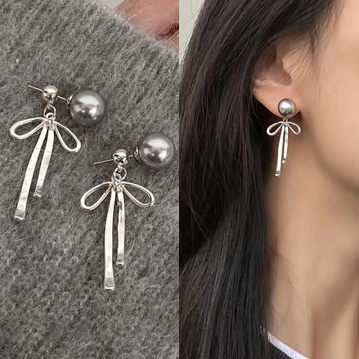 Silver Grey Pearl Bow Embellishment Pearl Bow Brooch  display picture 3