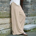 ZANZEA Women Cotton Linen Wide Leg Long Pants Solid Elastic Waist Loose Casual Trousers.