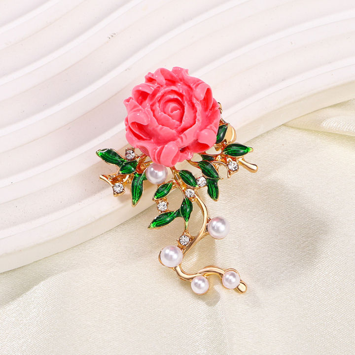 Sweet Pink Peony Brooch For Trendy Girls Luxury Zircon Flower Leaf