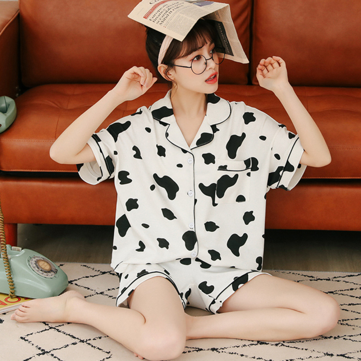 Pants%20Summer%20Women's%20Cotton%20Pajamas%20Women's%20Pajamas%20Set%20Two%20Piece%20Cow%20Print%20Short%20Sleeve%20Pajamas%20Loungewear%20Button%20Tops%20Short%20-%20Image%202