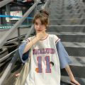 Fake Two Pieces Basketball WearTT-shirt Women's2022New Jersey Student Korean Style Loose Mid-Length Half Sleeveins-. 