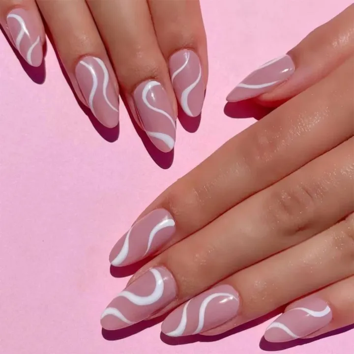 24pcs%20French%20Almond%20Head%20False%20Nails%20White%20Line%20Cross%20Set%20Nails%20Full%20Coverage%20Art%20Press%20on%20Nail%20with%20Nails%C2%A0Accessories%20T%20-%20Image%205