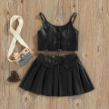 (New) kids girls casual suit solid color sleepveless sling tops button pleated short skirt, black. 