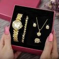 Fashion Luxury Full Crystal 5 Pcs Watch Necklace Earrings Ring Set for Women Rhinestone Wristwatch Female Bracelet Set Gift.