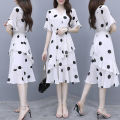 Women Midi Dress V-neck Polka Dot High Waist Irregular Short Ruffle Sleeves Summer Dress. 