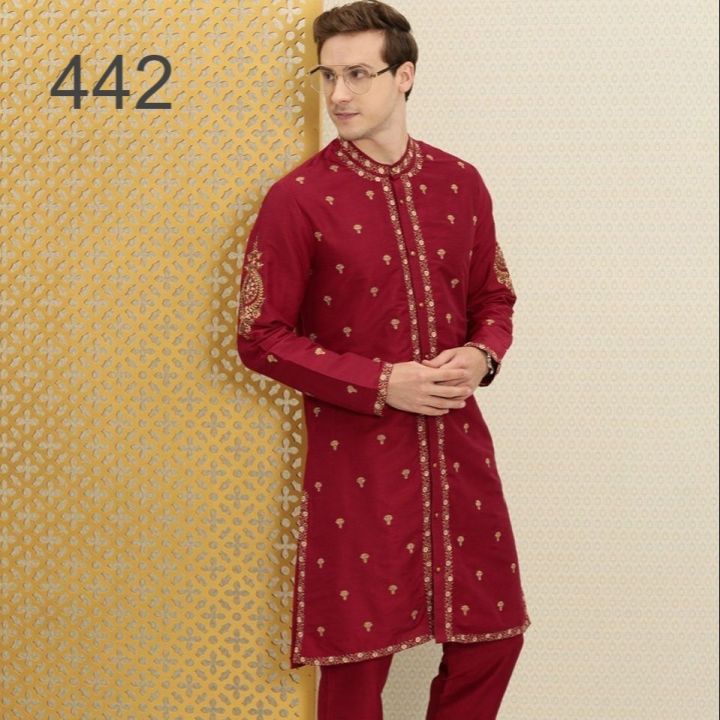 Stylish Premium Embroidery Tencel Cotton Fashionable Punjabi With Pajama Set For Men