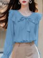 Fashions 2025 ZANZEA Peter Pan Collar Long Sleeve Blouses Korean Style Women Elegant Solid Smock Tops Sweet Long Sleeve Tie Up Blusas Mujer. 