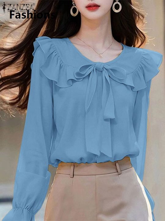 Fashions%202025%20ZANZEA%20Peter%20Pan%20Collar%20Long%20Sleeve%20Blouses%20Korean%20Style%20Women%20Elegant%20Solid%20Smock%20Tops%20Sweet%20Long%20Sleeve%20Tie%20Up%20Blusas%20Mujer%20-%20Image%202