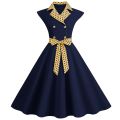 Women's Elegant Professional Dresses Retro Standing Neck Polka Dot Patchwork Double Breasted Large Swing Dress. 