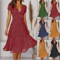 Summer Women’s Polka Dot A-Line Dress 2023 Casual V-neck Bandage Boho Beach Dress for Women Chic Midi Sundress Robe.
