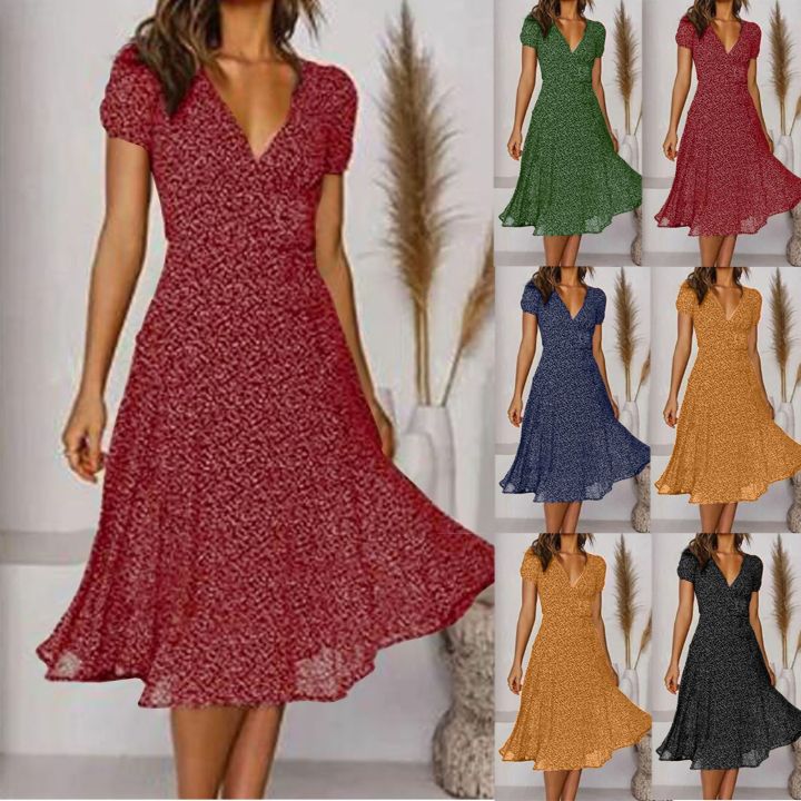 Summer%20Women%E2%80%99s%20Polka%20Dot%20A-Line%20Dress%202023%20Casual%20V-neck%20Bandage%20Boho%20Beach%20Dress%20for%20Women%20Chic%20Midi%20Sundress%20Robe%20-%20Image%203