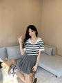 Summer Sweet Japanese Sailor Collar Ice Silk Stripes Knitted Short Sleeve T T-shirt Design Hot Girl Casual Top.