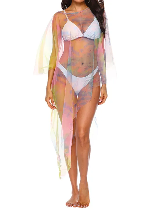 Women%20Bikini%20Cover-Ups%20Mesh%20See-Through%20Fashion%20Print%20Crew%20Neck%20Irregular%20Hem%20Beach%20Swimwear%20Sunscreen%20Blouse%20-%20Image%204