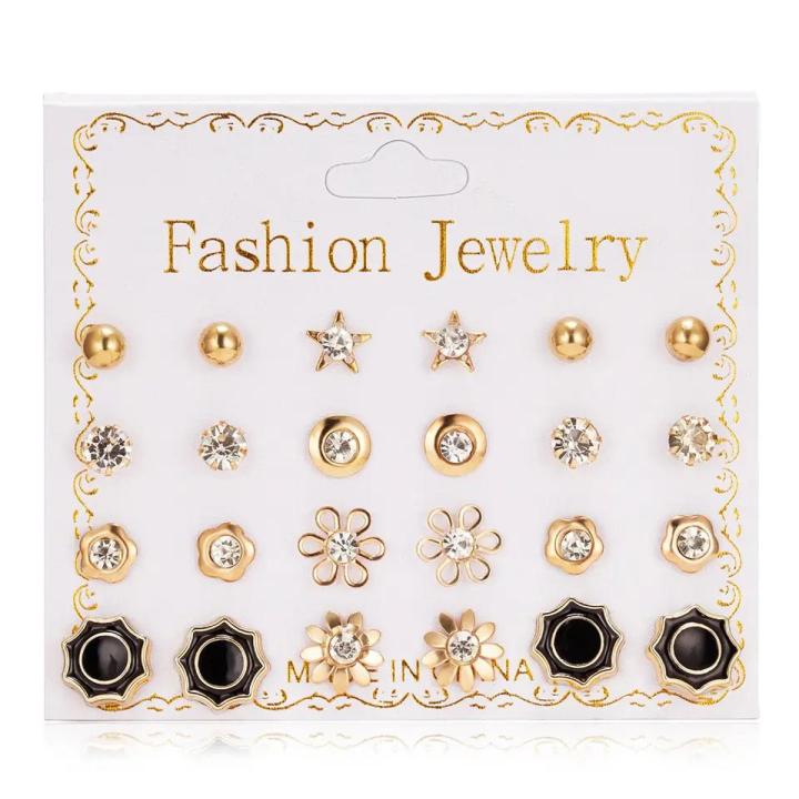 Trendy Mixed Design Pearl Stud Earrings Set for Women New collection - 12 Pairs Earring for Women - Earring Set for Girls Stylish Simple Top - Kaner Dul - Kaner Dul