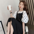 Fashion suit women's 2023 Korean version of loose and thin polka dot top + slip dress two-piece set of slightly chubby women's clothing. 