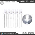 3mm White LED Light Clear Transparent (Bright) 100 Pcs Pack. Indicator LED, Lighting or General Purpose LED.. 