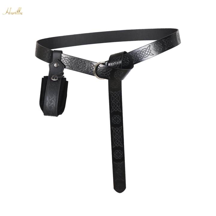 Medieval Knight PU Leather Belt Knight Waist Belt for Halloween Stage Black with Pouch
