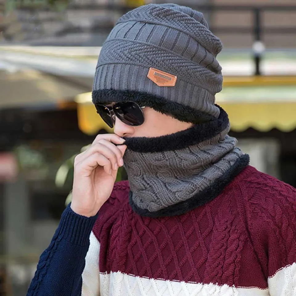 2PCS Men Beanie Hat Scarf Set, Winter Soft Warm Wool Lined Thick