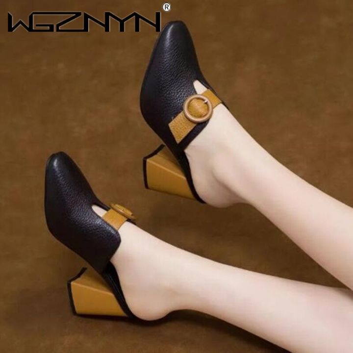 Women High Heeled Platform Half Slippers Leather Mules Femme