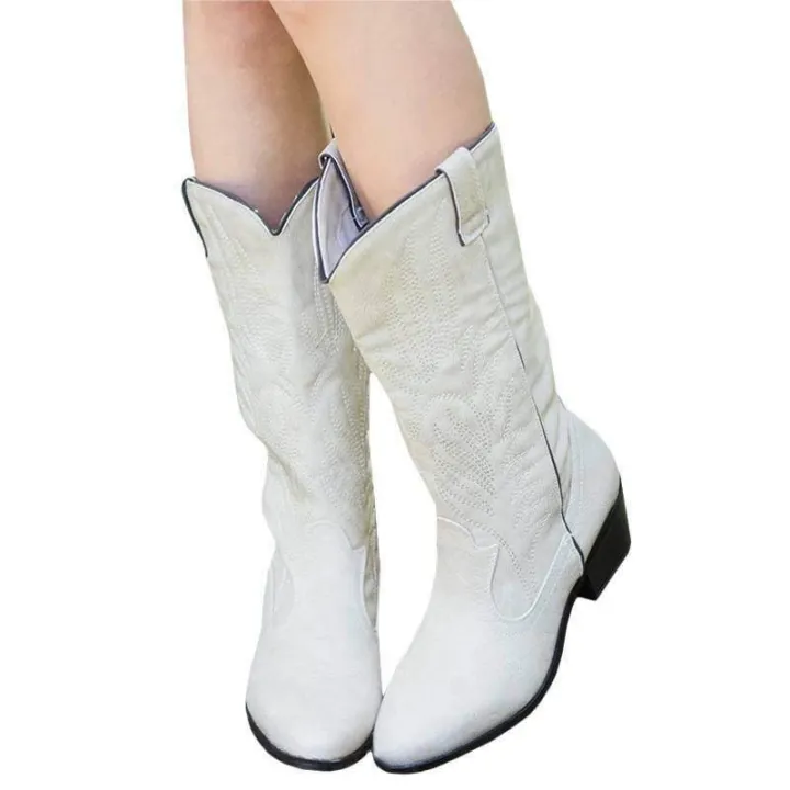 Women%20Cowboy%20Boots%20Embroidery%20Mid%20Calf%20Vintage%20Pull%20On%20Cowgirl%20Low%20Block%20Western%20-%20Image%205