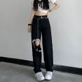 Black Lace Up Ripped High Waisted Jeans Korean Fashion Vibe Style Denim Trousers Streetwear Y2k Jeans Women Baggy Wide Leg Pants. 