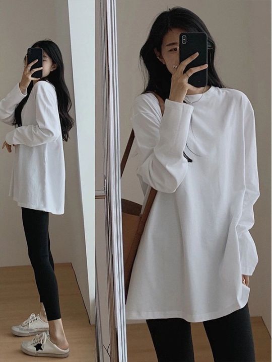 White Inner Long Sleeve T Women's T-shirt Autumn and Winter 2023 New Midi Hip-Covering Dralon Brushed Base Shirt Top