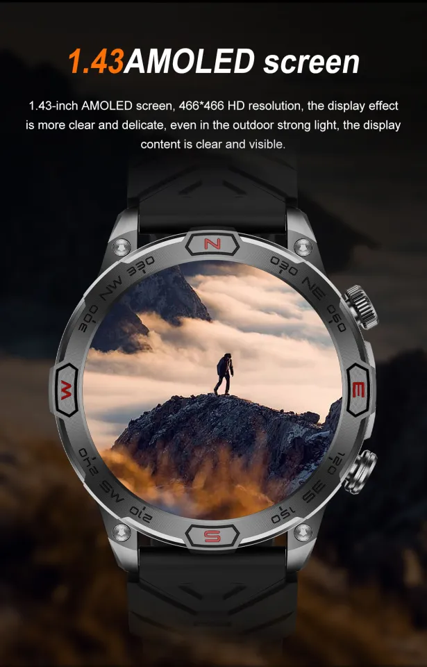 Smart Watch Men AMOLED HD Compass Flashlight 100+ Sports