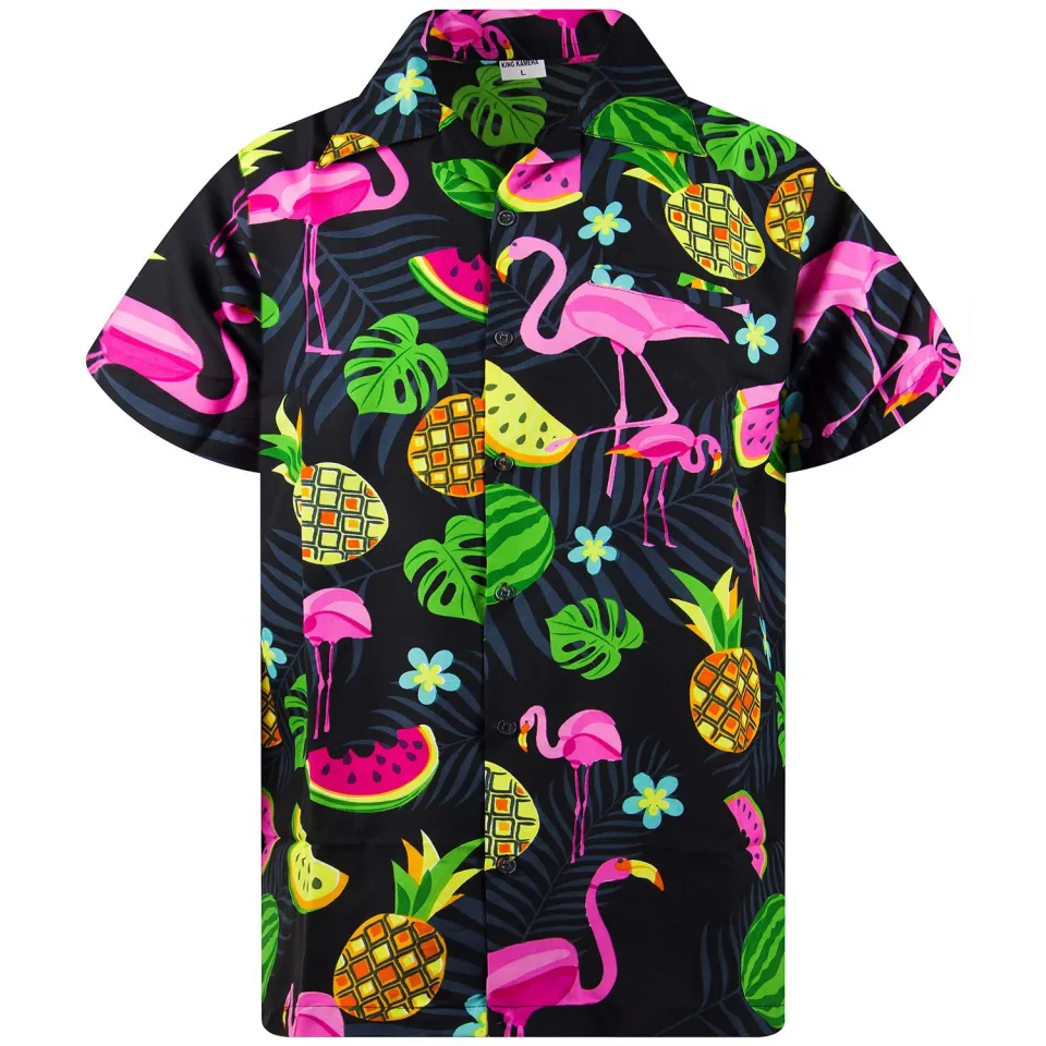 SSLR Men's Flamingo Hawaiian Shirt - Tropical Short Sleeve Button-Up For Summer & Beach