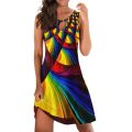 3D Abstract Painting Mini Dress Women Fashion Printed Hollow Out Sleeveless Dresses Elegant Boho Loose Beach Dress Party Vestido.