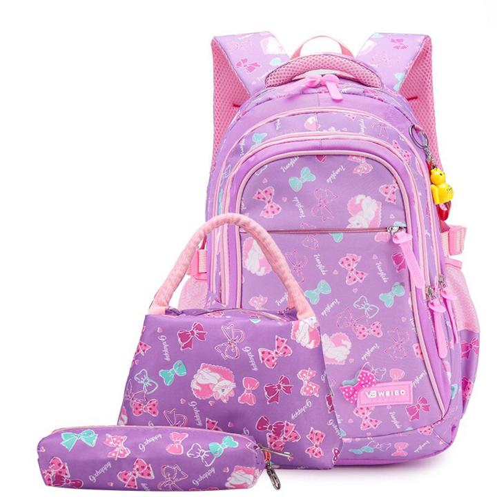 3Pcs Per Set Pink Bow Print Girl School Backpack Large Capacity