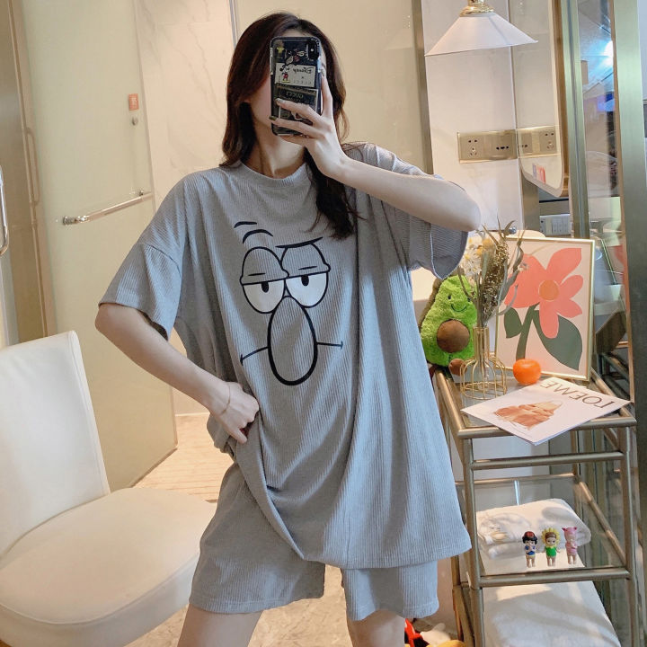 Pajama Sets Women Oversized Summer Korean Kawaii Printed Harajuku Soft Womens Homewear Pregnant Fashion Preppy Girls Pajamas