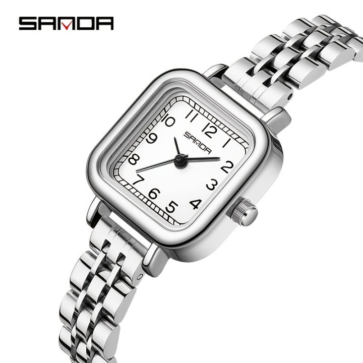 SANDA Women's Watch Luxury Square Pointer Quartz Watch WR Fashion Analog Stainless Steel Wrist Watch