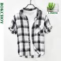 Summer and Spring New Men Retro Plaid Short Sleeve Linen Shirt Youth Thin Breathable Workwear Black Blue Top GD-2011.
