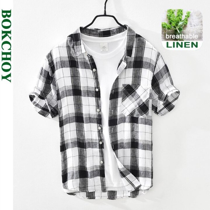 Summer%20and%20Spring%20New%20Men%20Retro%20Plaid%20Short%20Sleeve%20Linen%20Shirt%20Youth%20Thin%20Breathable%20Workwear%20Black%20Blue%20Top%20GD-2011%20-%20Image%203