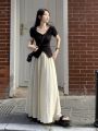 Pure Desire Style Suit Female Black Slit V Collar Short Sleeve T T-shirt Summer High Waist Wide Leg Pants Long Culottes Casual Two-Piece Suit.