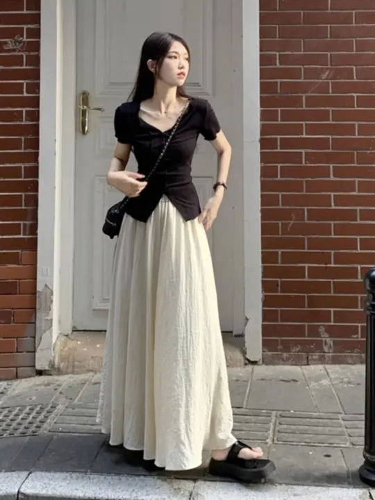 Pure%20Desire%20Style%20Suit%20Female%20Black%20Slit%20V%20Collar%20Short%20Sleeve%20T%20T-shirt%20Summer%20High%20Waist%20Wide%20Leg%20Pants%20Long%20Culottes%20Casual%20Two-Piece%20Suit%20-%20Image%204