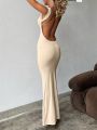 Puloru Backless Straps Party Long Dress Elegant Retro Sleeveless Cowl Neck Wrapped Bodycon Dresses Party Night Vestidos.