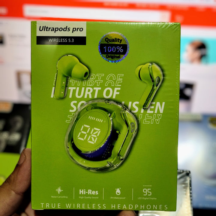 Ultrapods Pro True Wireless Earbuds with Display Transparent Design, Bluetooth 5.3 Water Proof Green colour