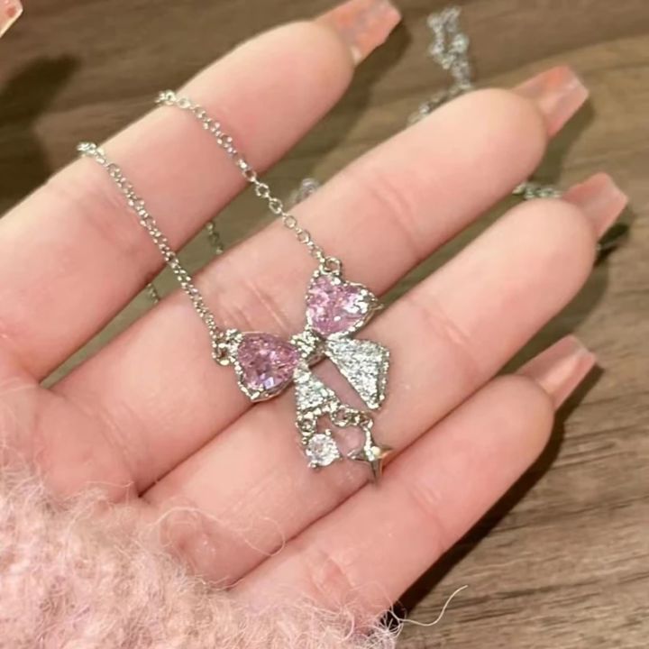 New Fashion Y2K Pink Crystal Bow Knot Pendant Necklaces Sparkling Zircon Heart Girls Fairy Sweet Clavicle Chain Women Jewelry