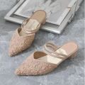 New Lady Style Niche Design Sense Lace-up Thick Heel Pointed Head Rose Wrapped Head Half Slippers.
