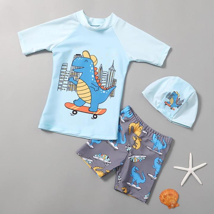 GC 3pcs Kids Split Swimming Suit Cartoon Quick-drying Short Sleeves Swimwear Swimming Trunks With Cap For 3-10 Years Old Kids