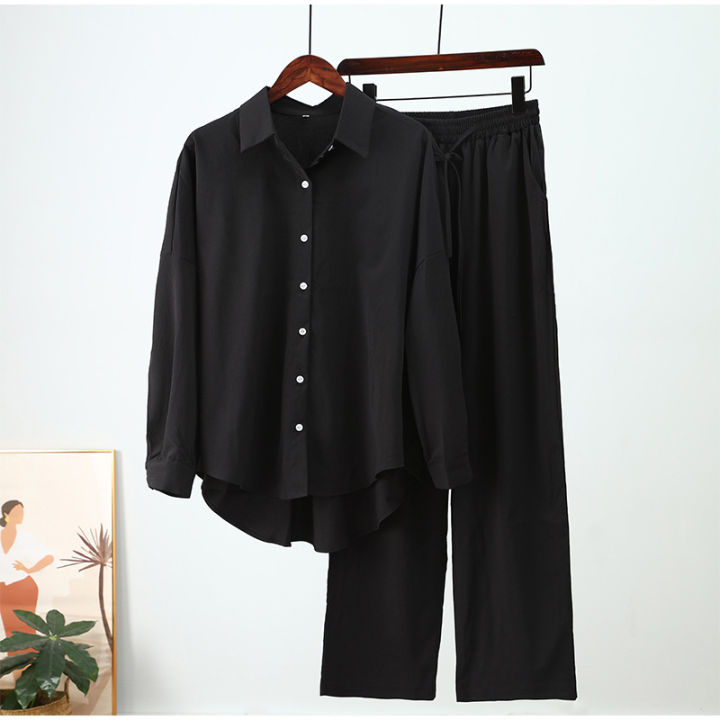 women%20clothing%20ladies%20loose%20stretch%20crease%20long%20sleeve%20shirt%20wide%20leg%20pants%20casual%20sets%20women's%202%20piece%20set%20-%20Image%204